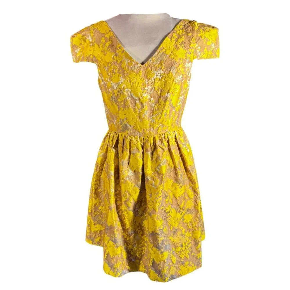 Yellow & Silver Floral Cap Sleeve Dress By Minuet S V-Neck Back Zipper - Picture 2 of 9